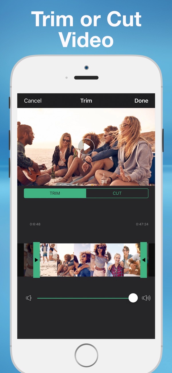 Add Music to Video, Maker screenshot: trimming or cutting a video clip with a timeline