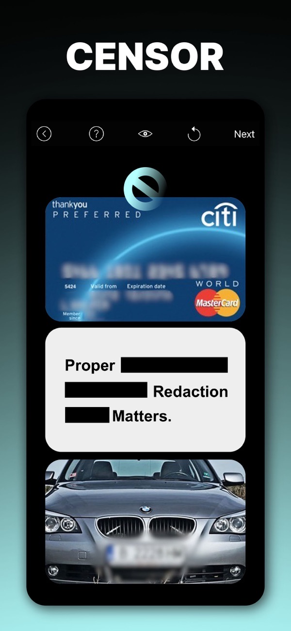 Blur Photo Effect Background screenshot: censoring a credit card, text and a license plate