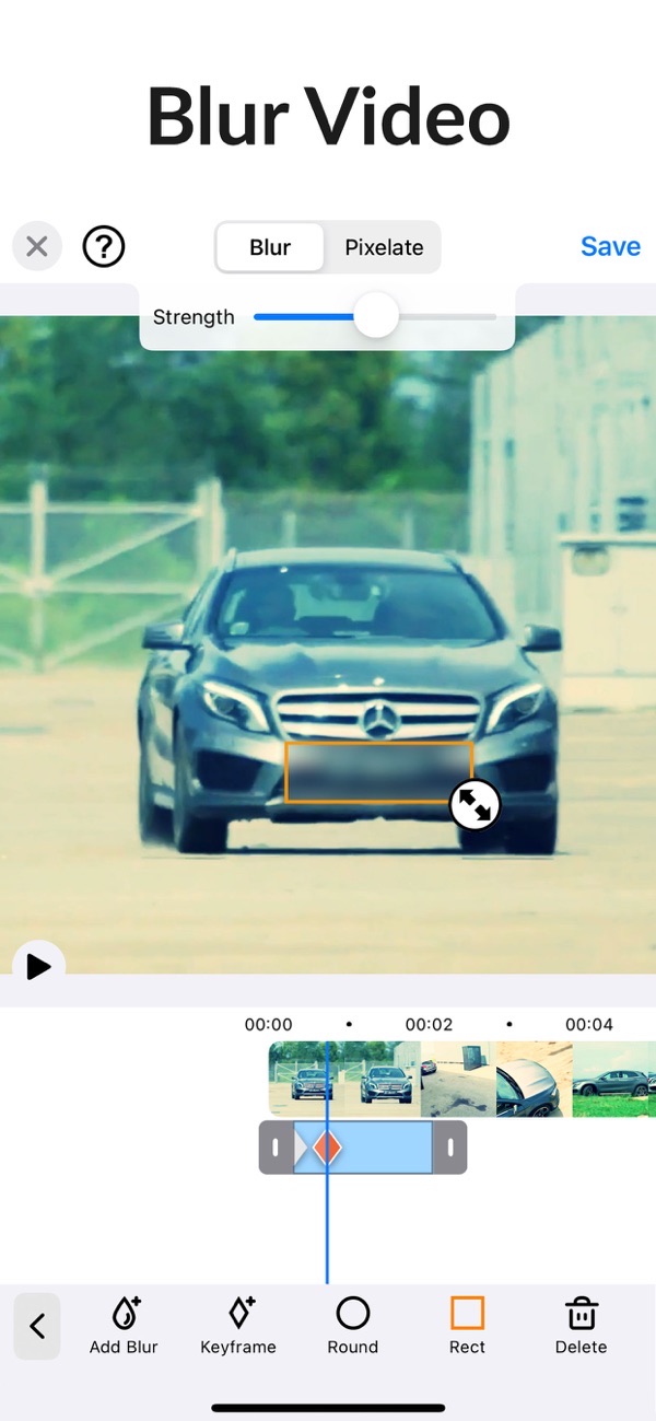Blur-Video screenshot: blurring a car's license plate with a rectangle