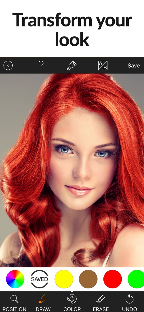 Hair Color Lab Change or Dye screenshot: changing hair to red using color swatches