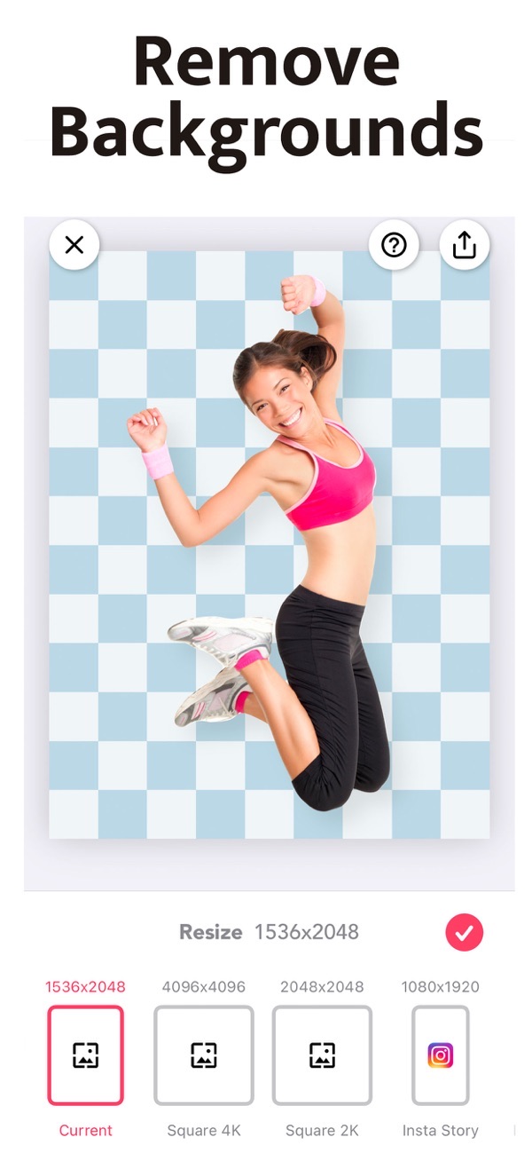 Magic Eraser Background Editor screenshot: removing a background and choosing an export size