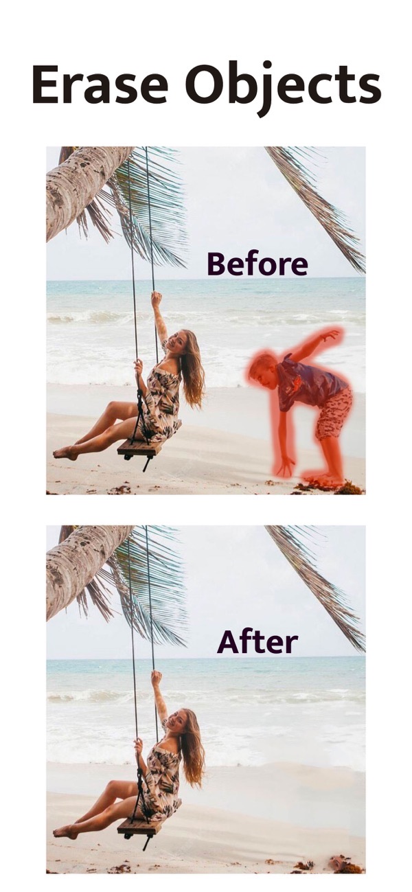 Magic Eraser Background Editor screenshot: erasing a person from a beach photo, before and after