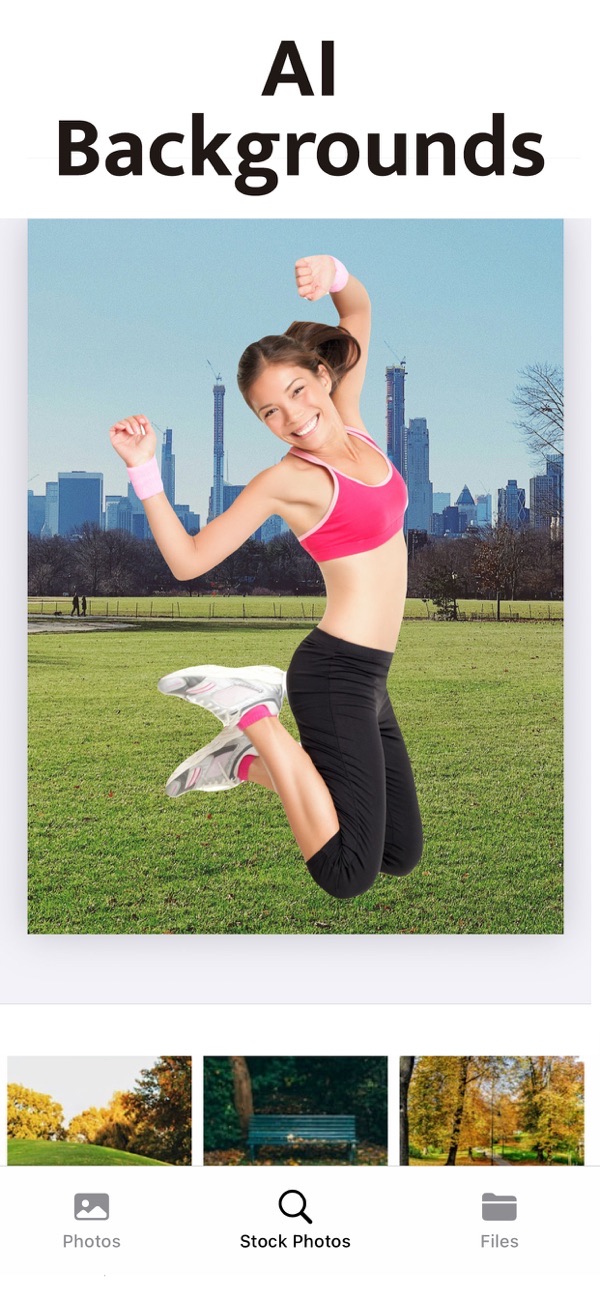 Magic Eraser Background Editor screenshot: adding an AI stock photo background to a jumping woman