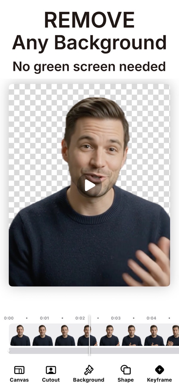 Magic Video Background Eraser screenshot: subject cut out of a video onto a transparent background, no green screen