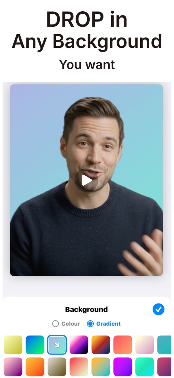 Magic Video Background Eraser screenshot: dropping a gradient background behind the cut-out subject