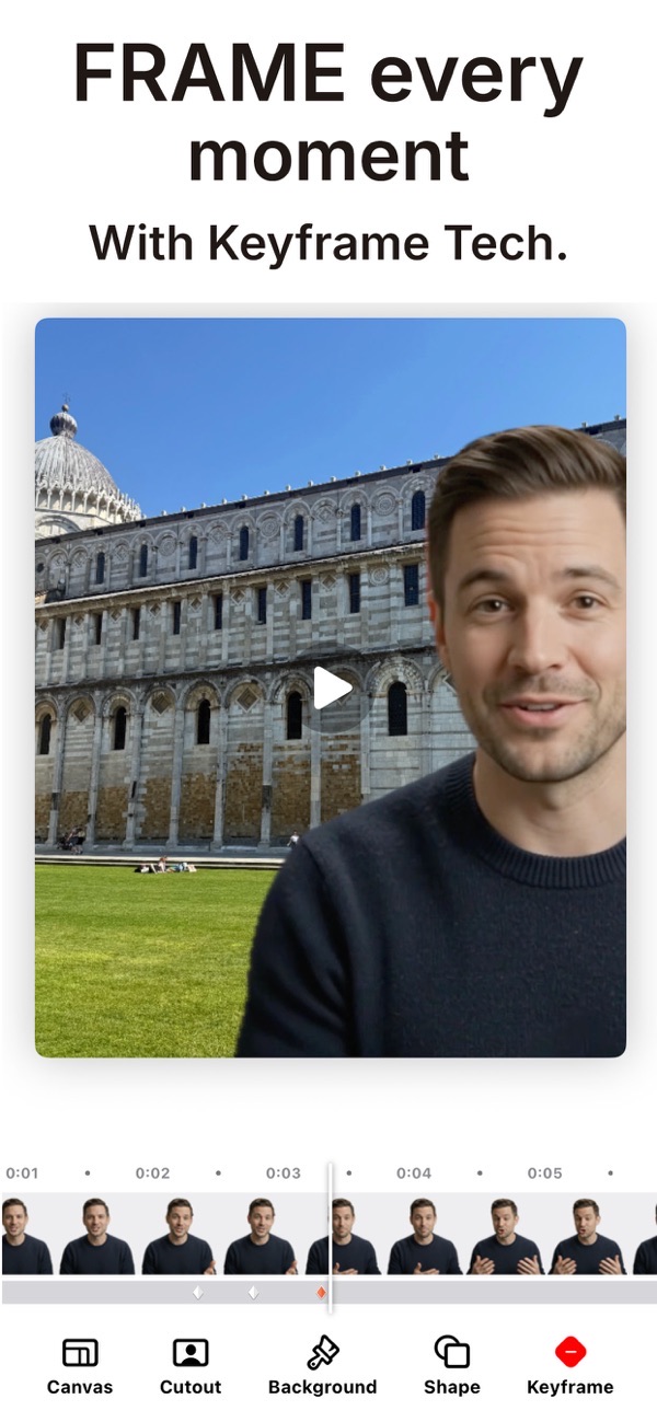 Magic Video Background Eraser screenshot: framing the subject over a new scene using keyframes on the timeline