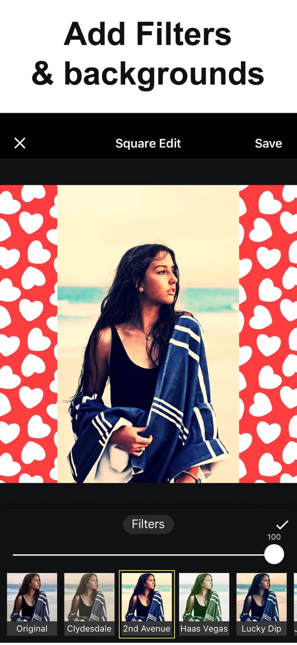 No Crop Photo Video Resize screenshot: adding a heart-pattern background and photo filter
