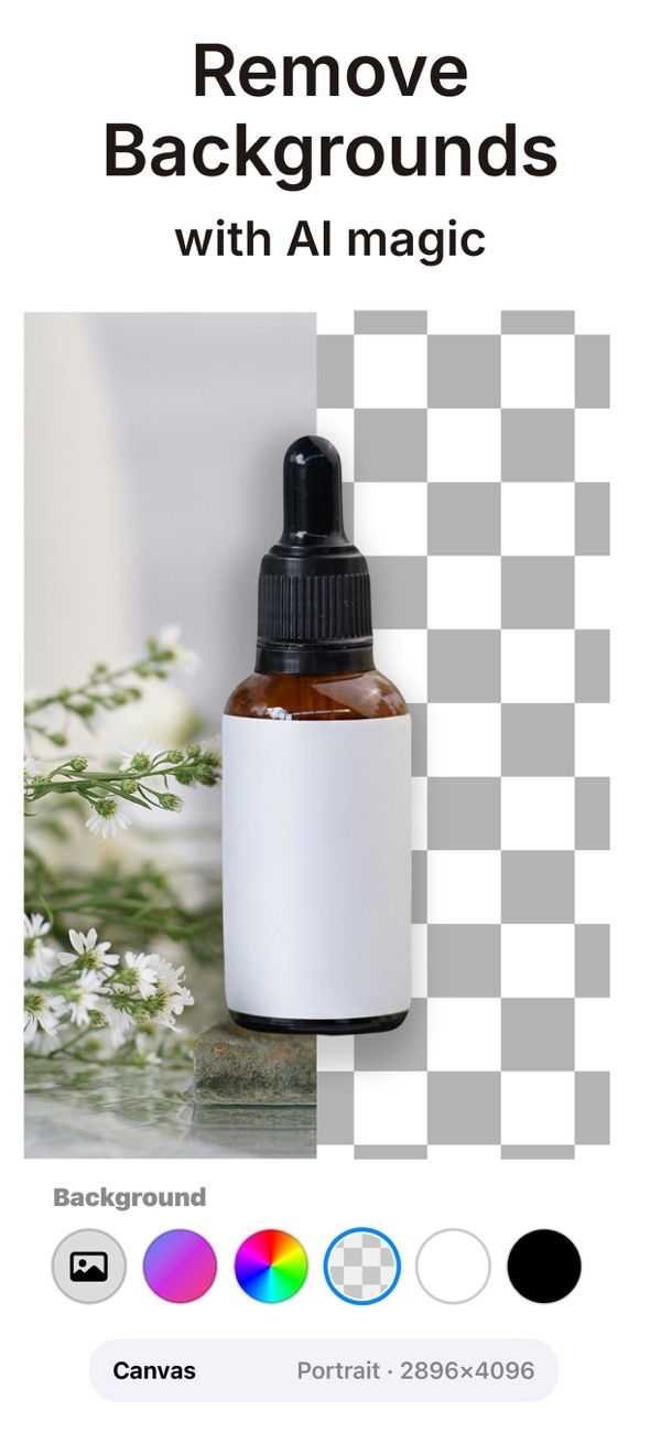 Overlay screenshot: removing the background from a product bottle photo with AI