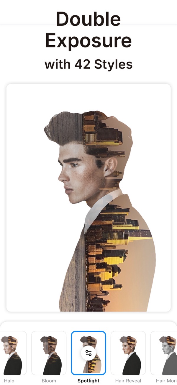 Overlay screenshot: double-exposure portrait blended with a city skyline