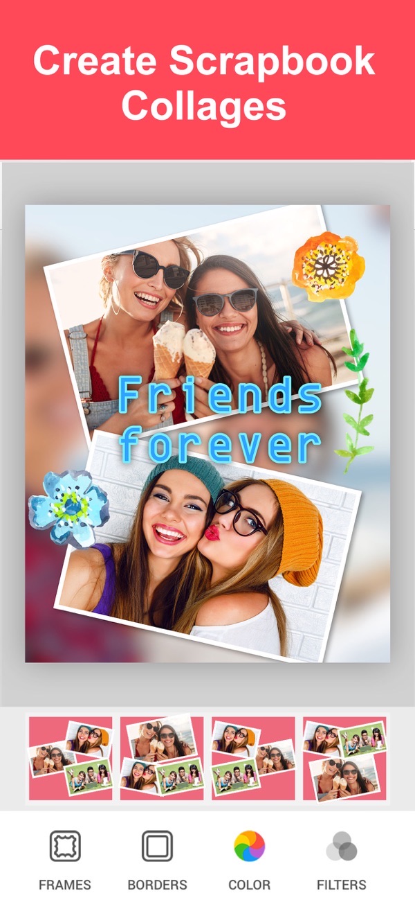 Photo Collage Layout Maker screenshot: scrapbook collage with stickers and a Friends Forever caption
