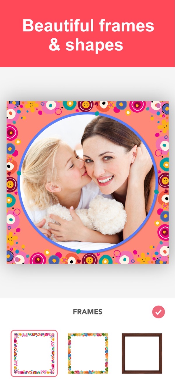 Photo Collage Layout Maker screenshot: photo in a round floral-patterned frame