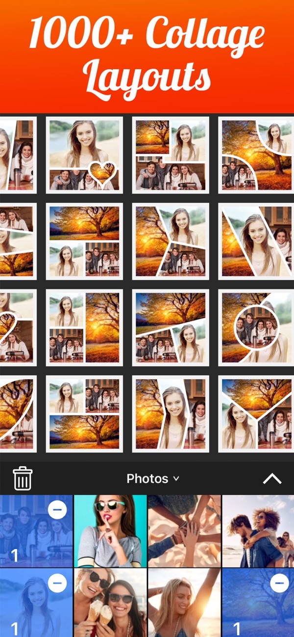 Photo Collage Maker screenshot: browsing a grid of 1000+ collage layout templates