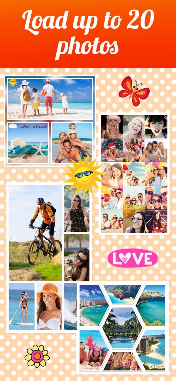 Photo Collage Maker screenshot: a collage combining up to 20 photos with stickers on a polka-dot background