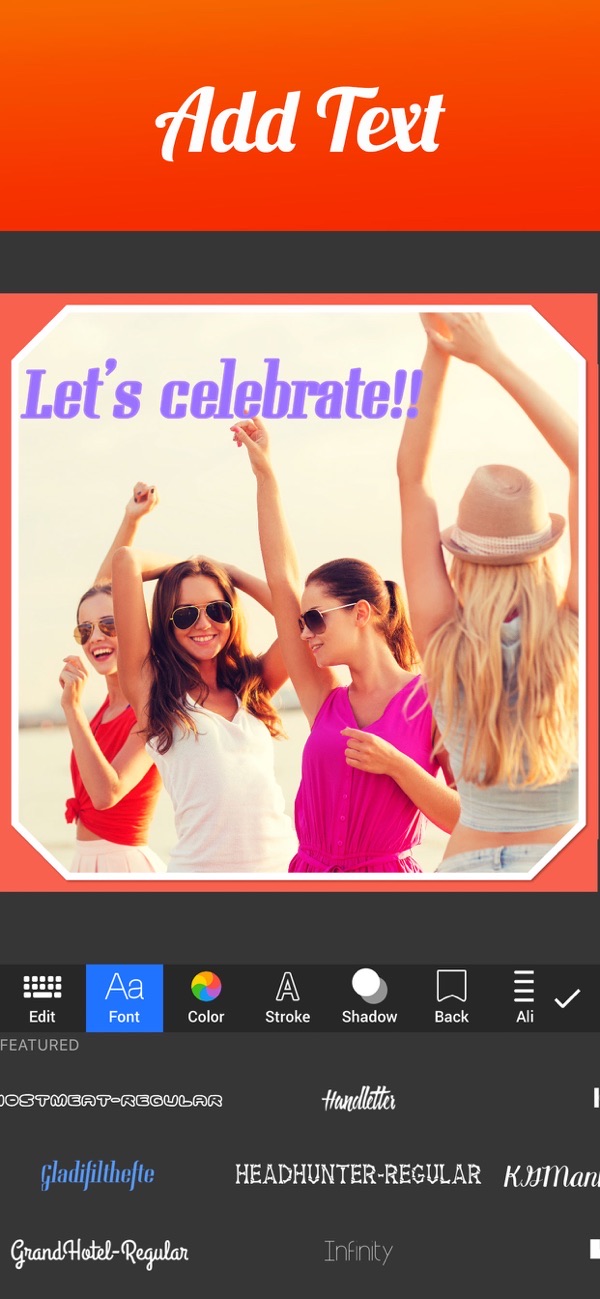 Photo Collage Maker screenshot: adding styled text to a collage with the font picker