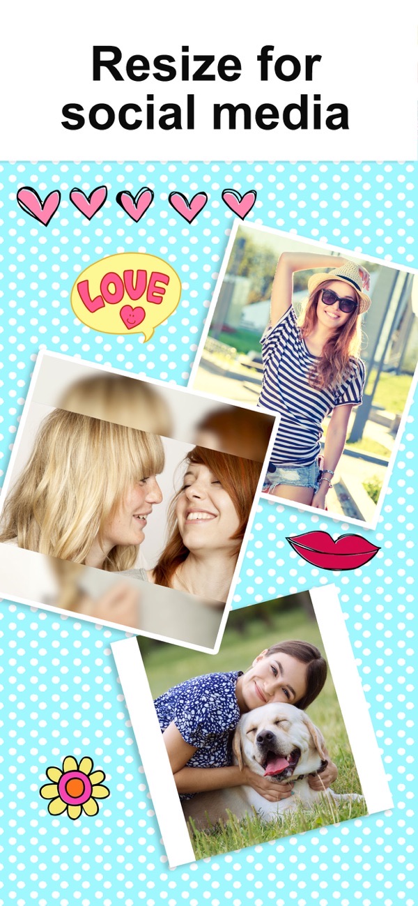 Photo Montage Maker screenshot: polaroid-style collage with stickers, resized for social media