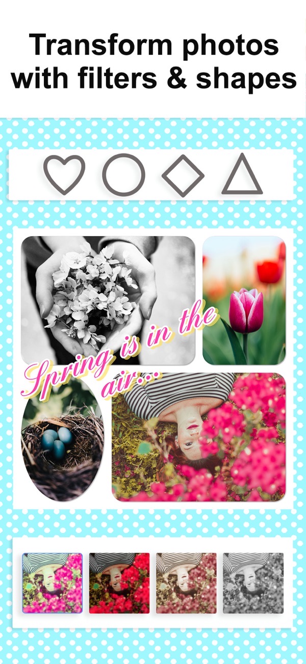 Photo Montage Maker screenshot: spring collage with shape frames and color filters