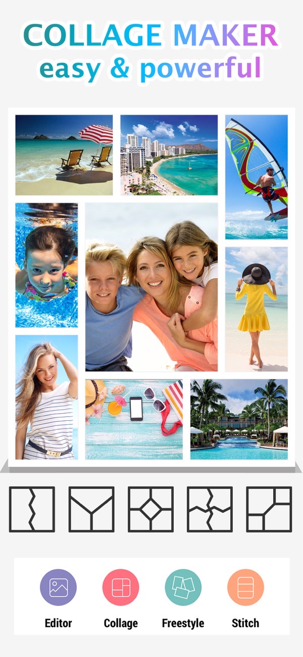 Photo Collage Montage & Layout screenshot: family beach collage with mode options