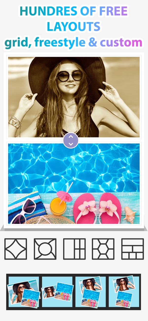 Photo Collage Montage & Layout screenshot: stitched grid and freestyle layout