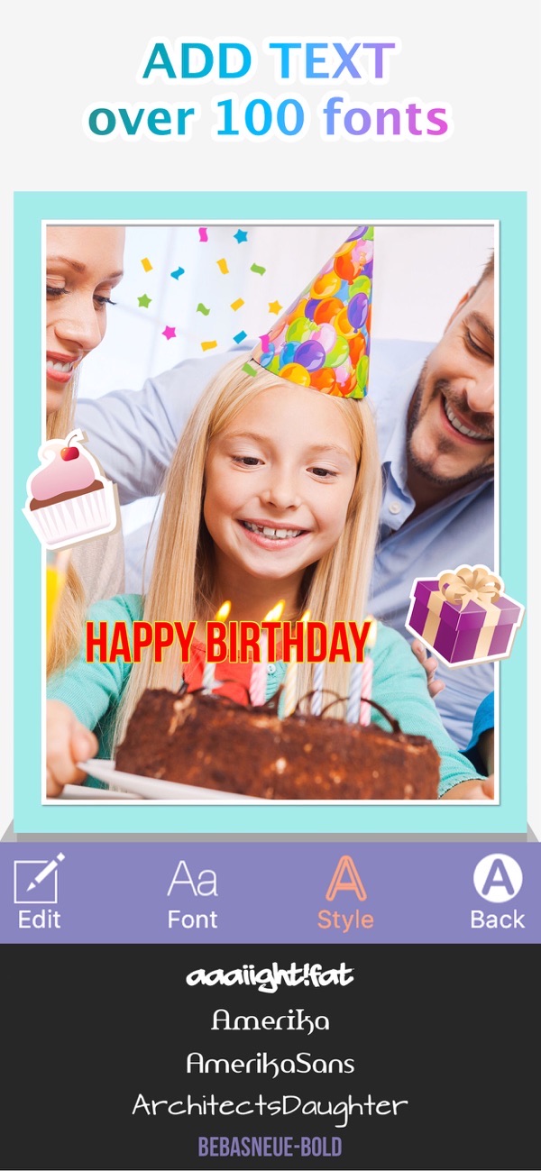 Photo Collage Montage & Layout screenshot: birthday photo with Happy Birthday text and stickers