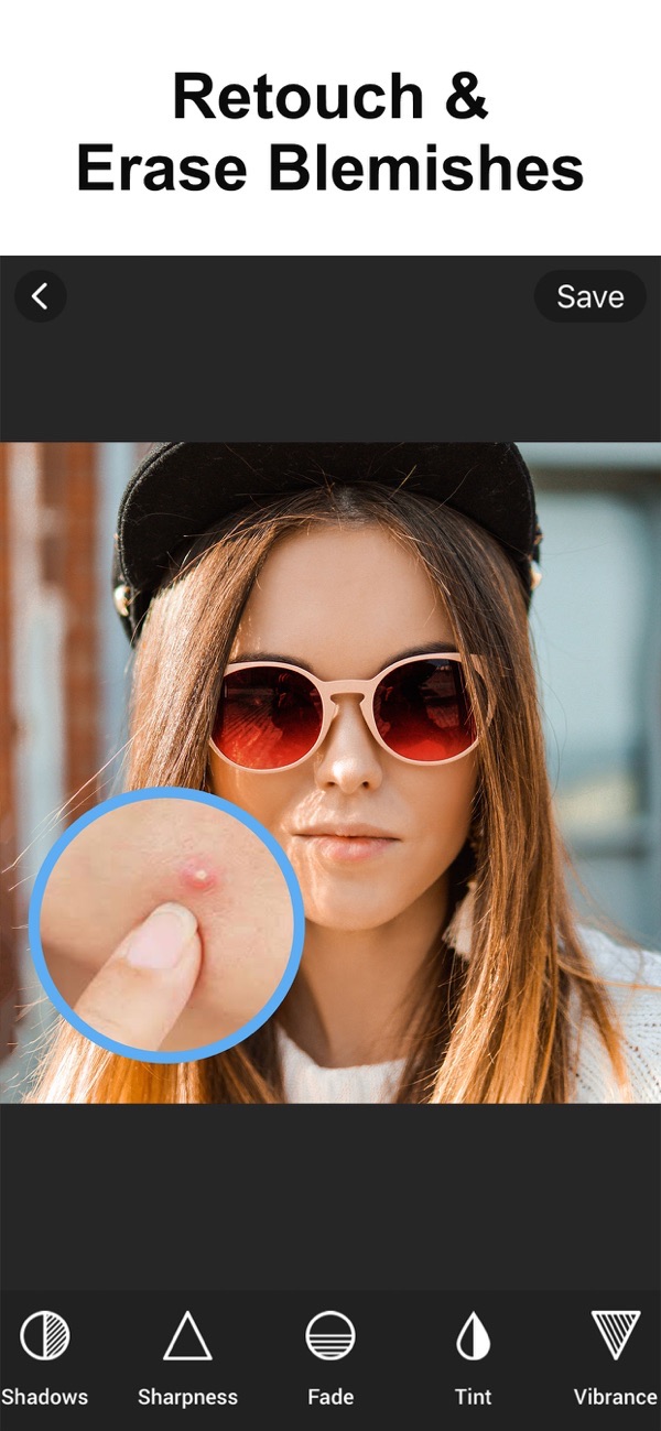 Photo Editor: HSL & Skin Tools screenshot: retouching and erasing a blemish on skin