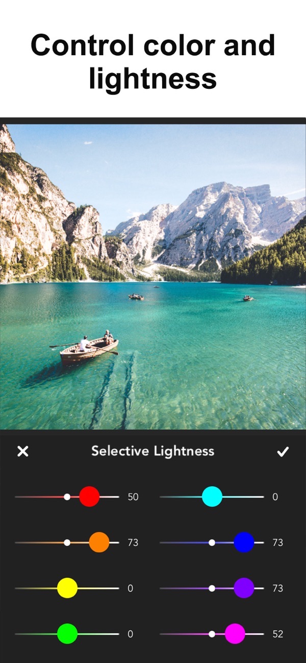 Photo Editor: HSL & Skin Tools screenshot: adjusting selective lightness sliders for each color