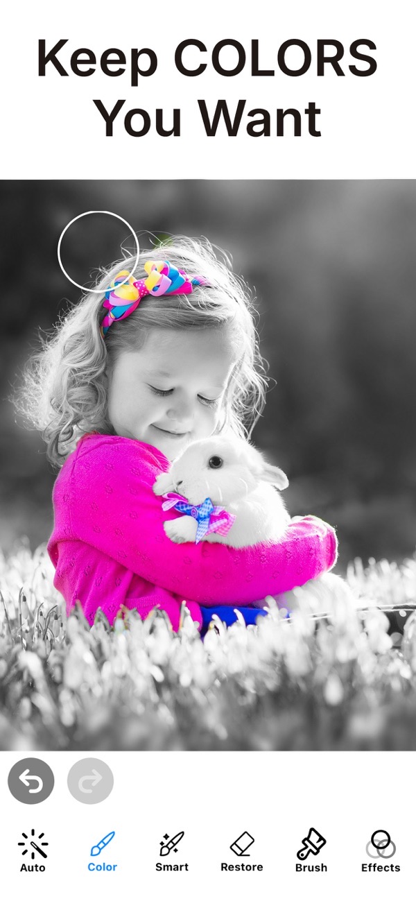Selective Color Photo Effect screenshot: keeping pink and colorful accents on a black and white photo