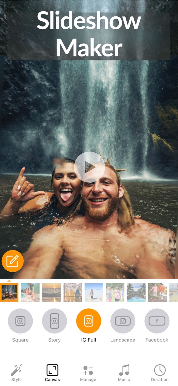 Slideshow Maker Video & Photo screenshot: selecting a canvas size like square or IG Full