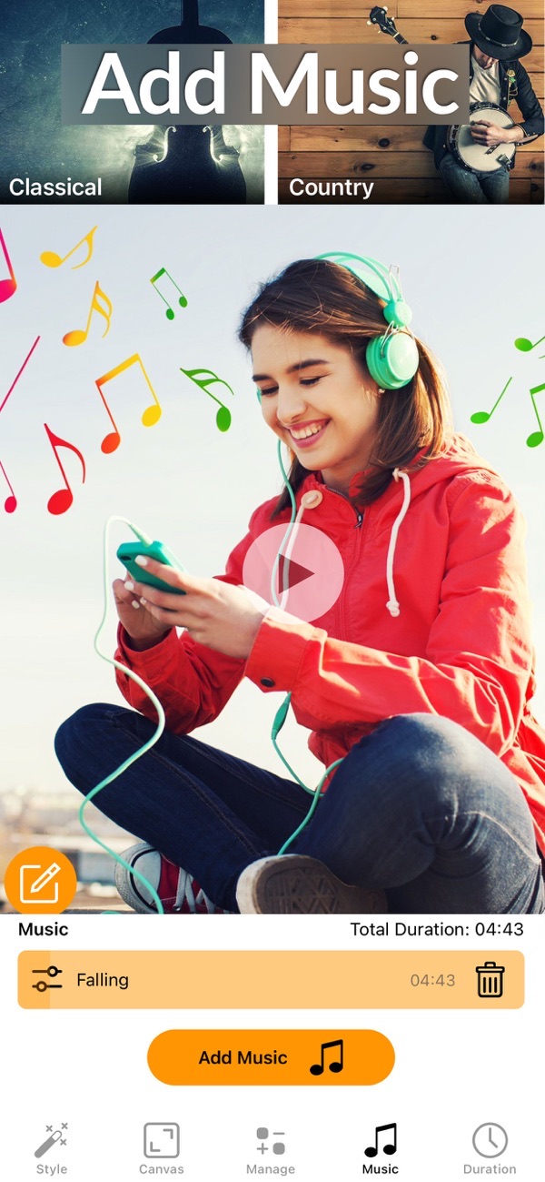 Slideshow Maker Video & Photo screenshot: adding a music track with genre options like classical and country