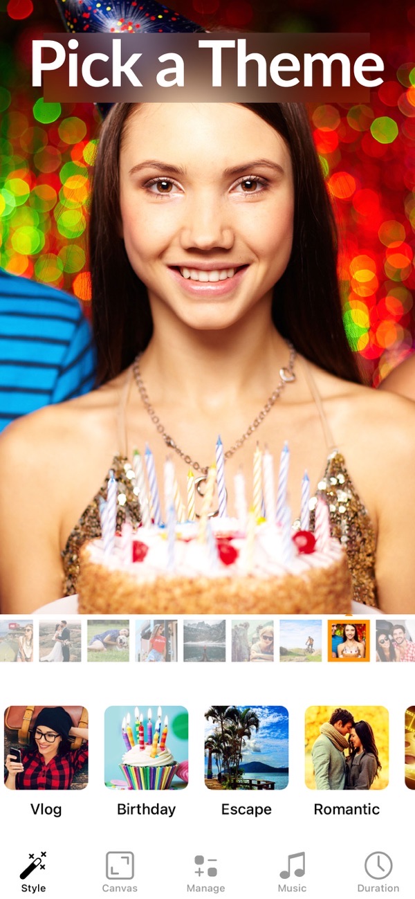 Slideshow Maker Video & Photo screenshot: choosing a theme like birthday, vlog or romantic