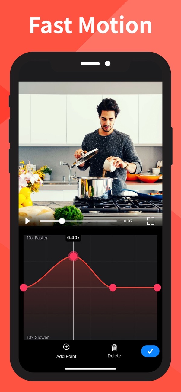 Slow-Fast Motion Video Editor screenshot: speeding up a clip to 6.4x with a speed curve