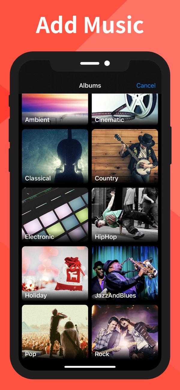 Slow-Fast Motion Video Editor screenshot: choosing a music track from genre albums like jazz and rock