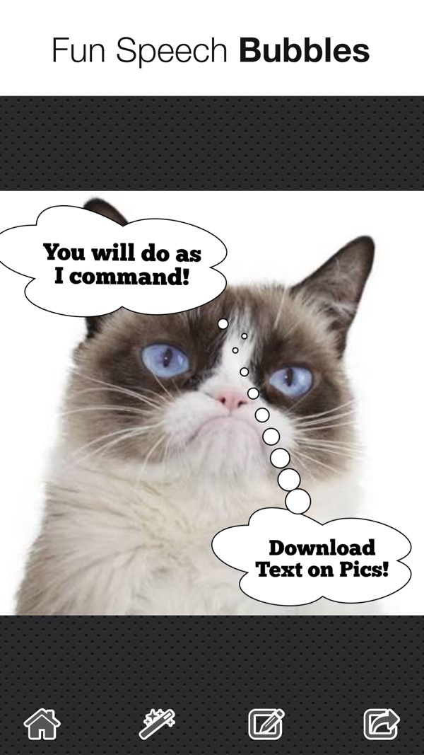 Speech Bubbles screenshot: a cat with speech and thought bubbles