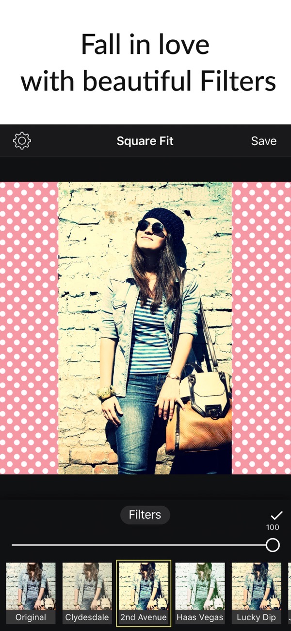 Square Fit screenshot: photo with a filter and patterned border